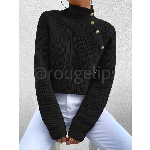 Black Cable Knit Turtleneck Pullover Sweater Asymmetrical Buttons Long Sleeve - Picture 2 of 7